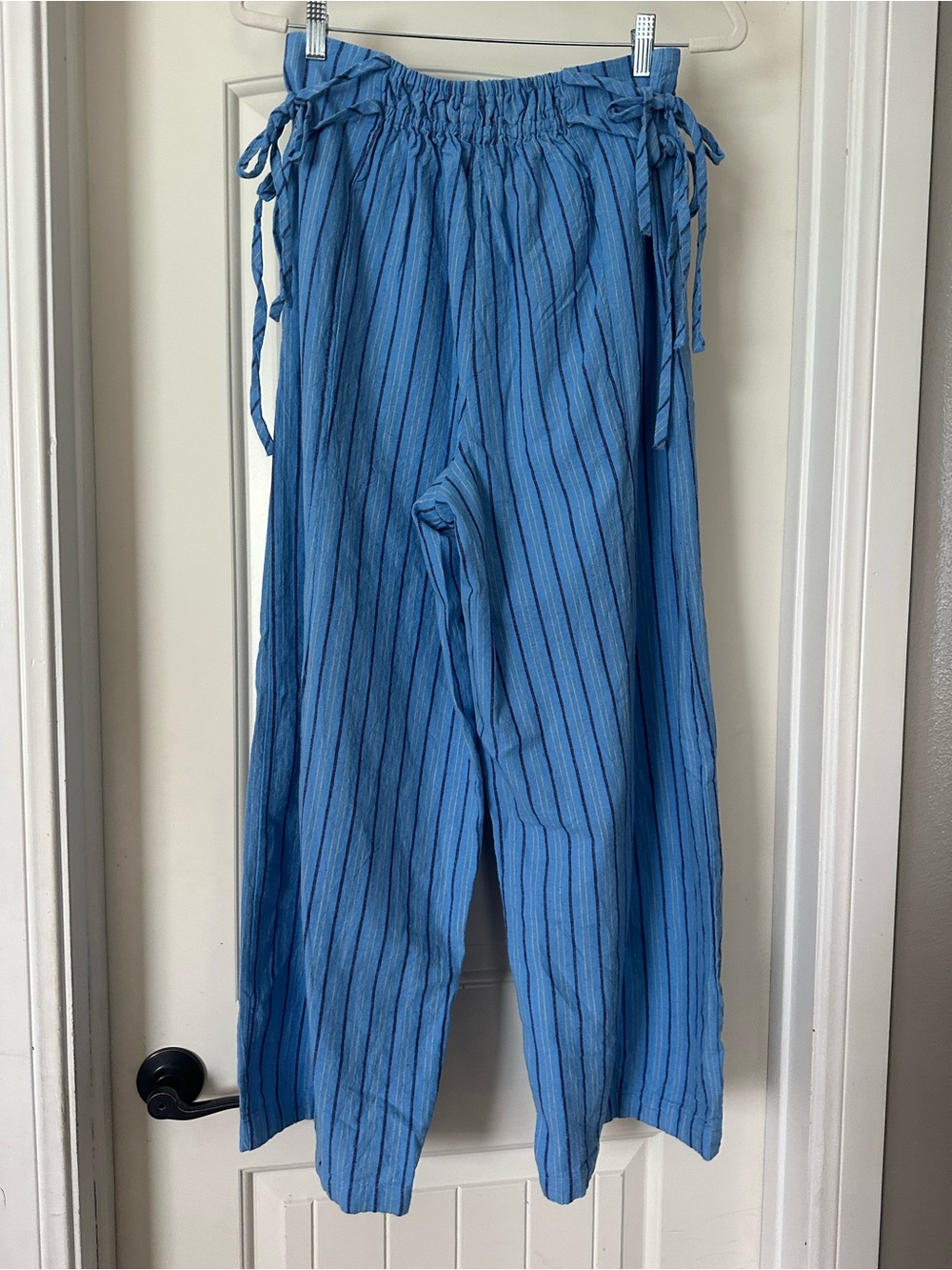 NWT free people Sun Dazed Cotton Linen Striped Pants M Cobalt Waist Ties - Picture 4 of 8